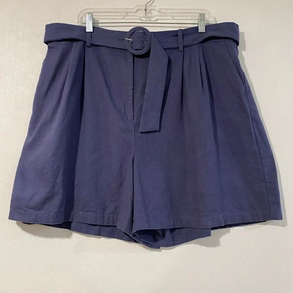 ModCloth x Princess Highway Women’s 22 Linen Belted High Waist Shorts | Navy Ple